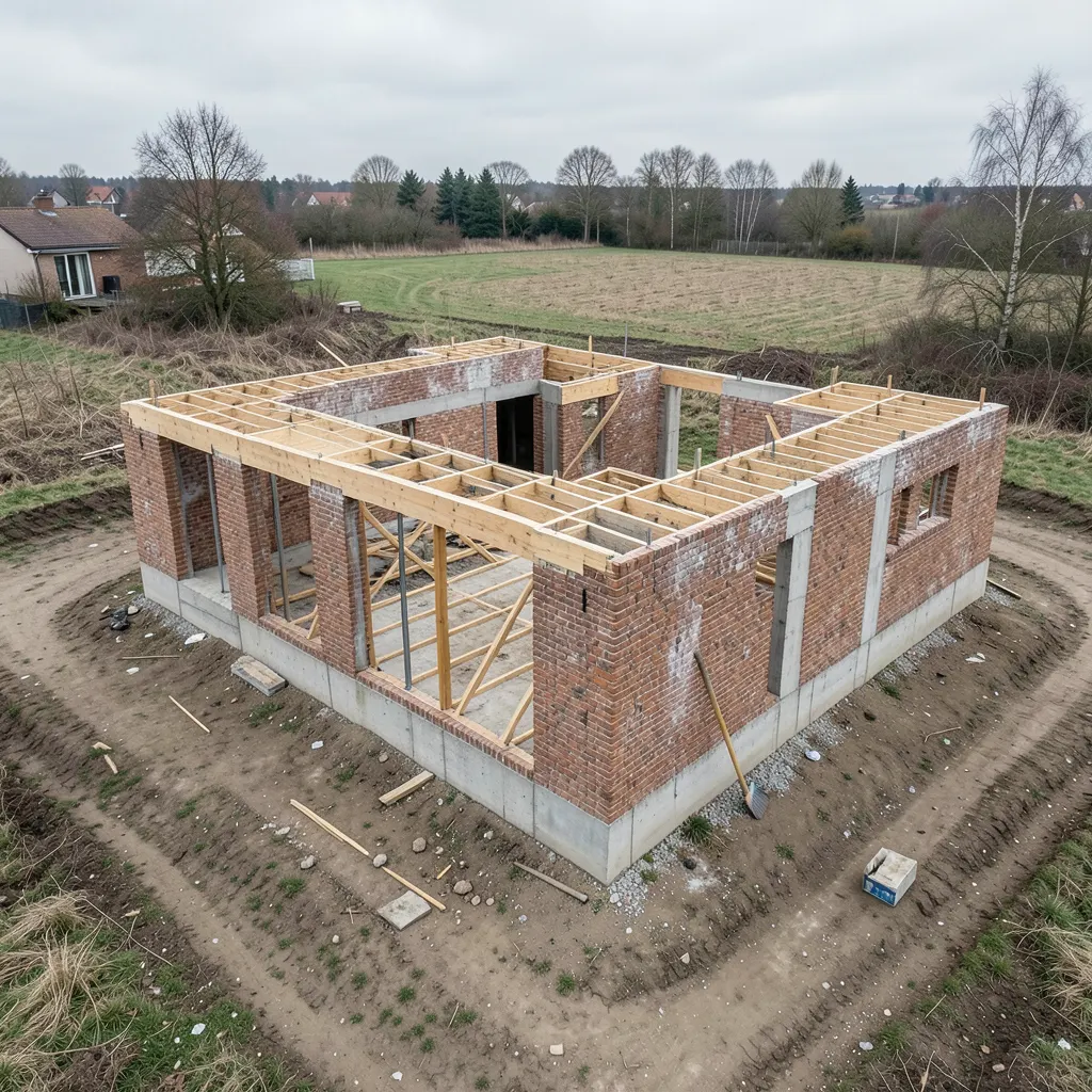 Rohbau eines kleinen Wohngebäudes in norddeutscher Lage – Ziegelmauerwerk und Holzdecke