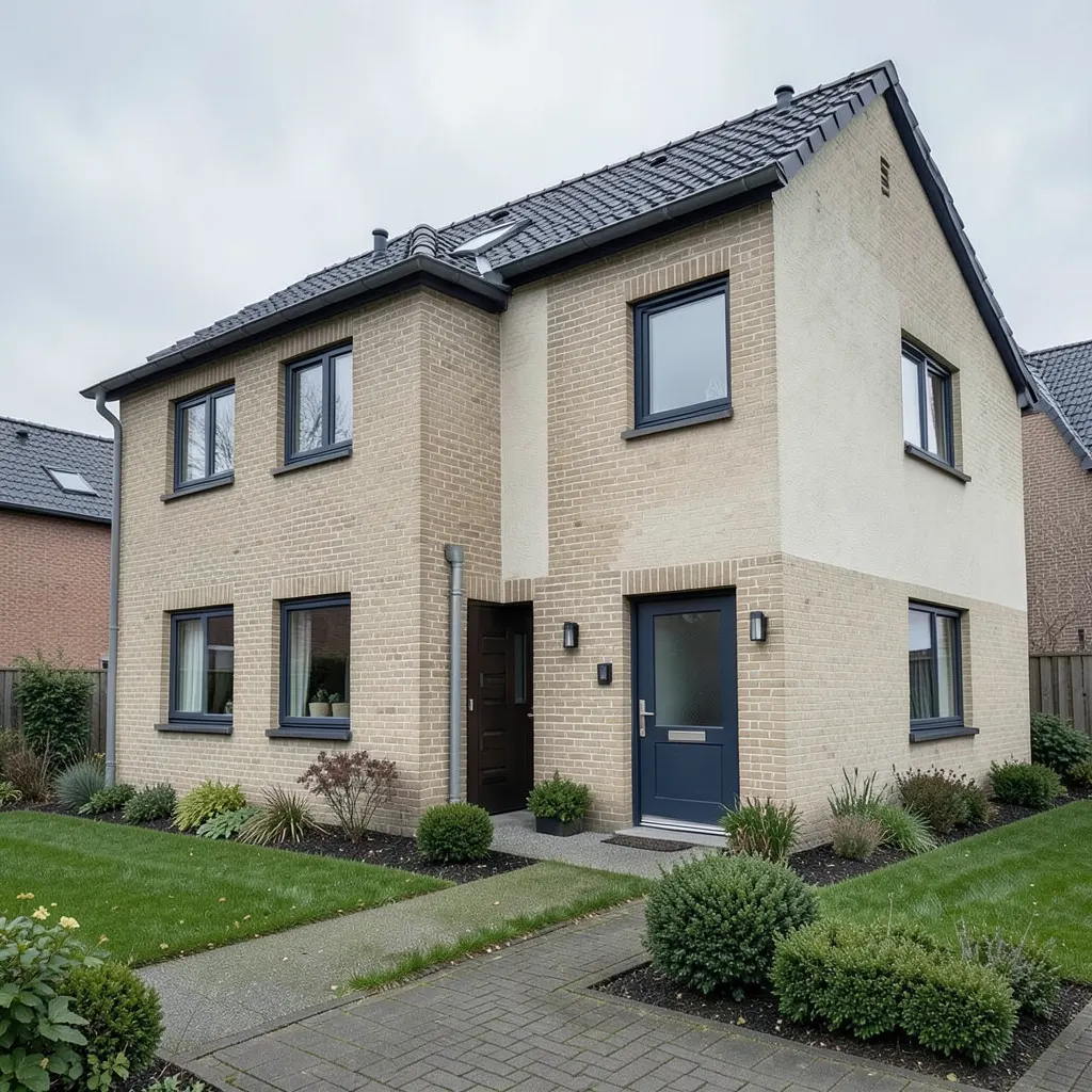 Fertiggestelltes Wohnhaus mit heller Klinkerfassade und begrüntem Vorgarten
